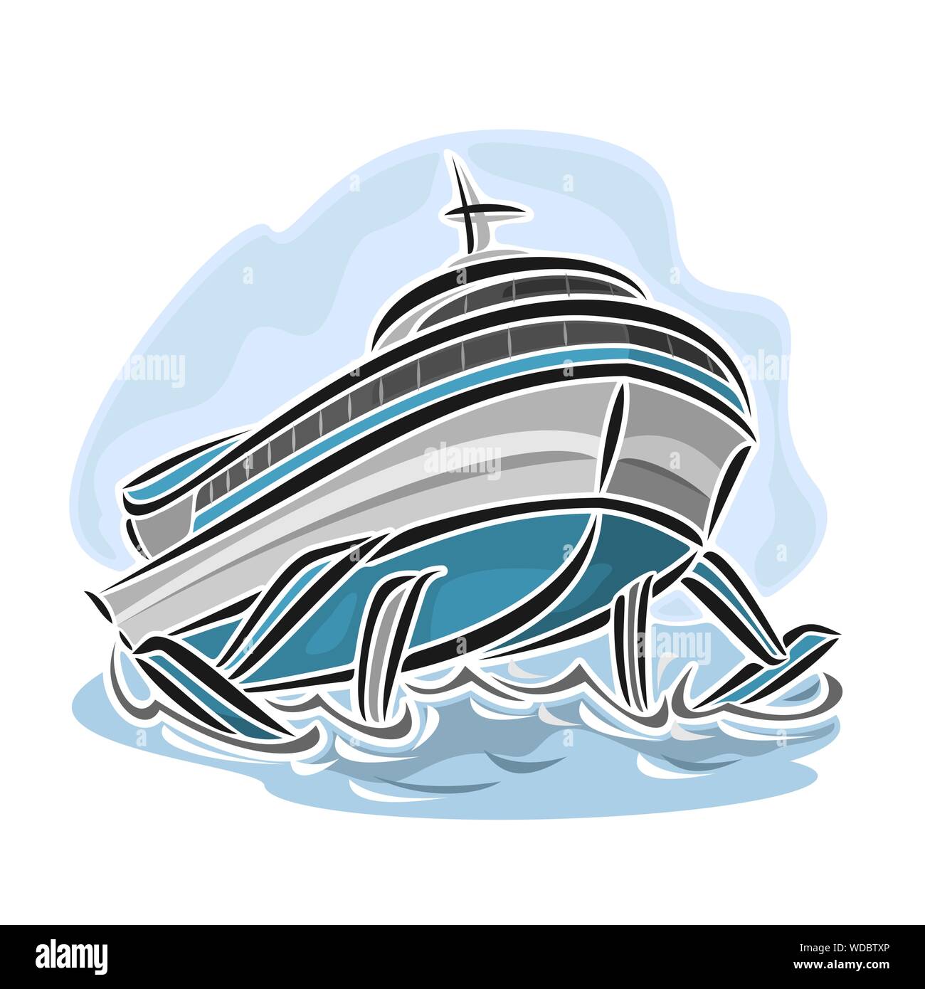 Vector illustration of logo for hydrofoil ship on blue background. Stock Vector