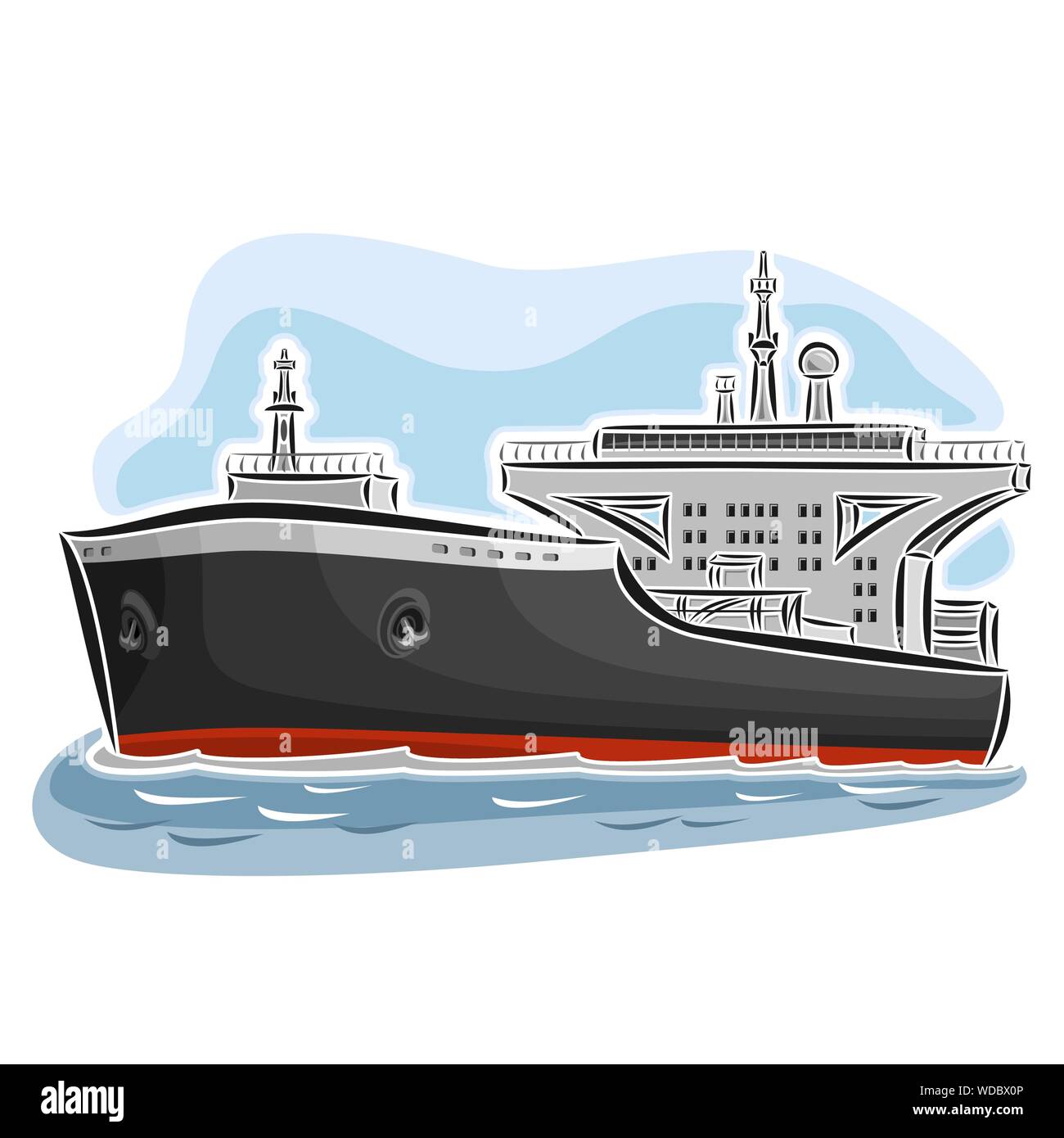 Vector abstract illustration of logo for crude Oil Tanker Ship, close up on blue background. Stock Vector