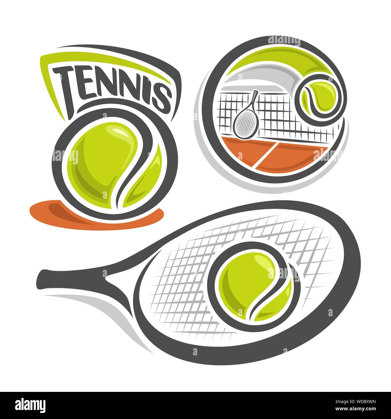 Vector illustration of logo for club of lawn tennis, consisting of green  ball, net on brown court with isolated tennis racket and ball, racquet  closeu Stock Vector Image & Art - Alamy
