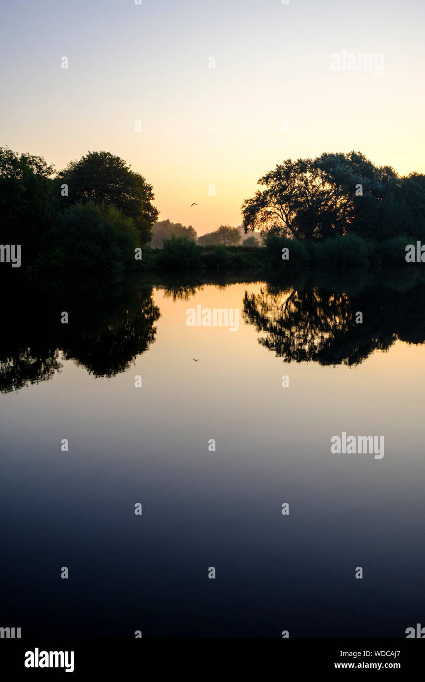 The first light of a new day in the countryside. Dawn light from the sunrise seen between trees across the River Trent, Nottinghamshire, England, UK Stock Photo