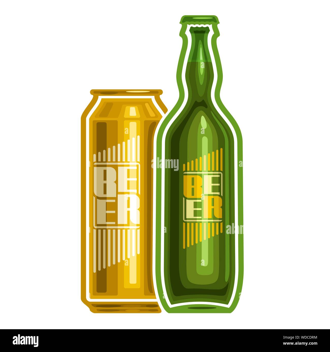 Vector logo for can and bottle beer, consisting of aluminum metal can and glass bottle filled light lager pilsner and dark Porter beer on white backgr Stock Vector