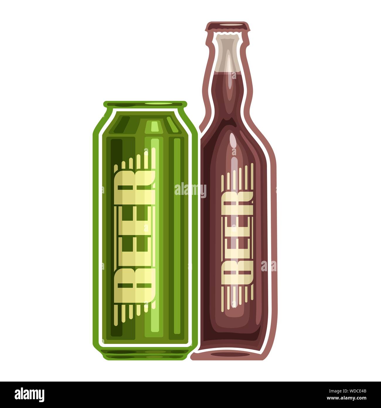 Vector logo for can and bottle beer, consisting of aluminum metal can and glass bottle filled light lager pilsner and dark Porter beer on white backgr Stock Vector