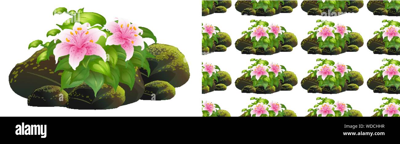 Seamless background design with pink lily flowers on rocks illustration Stock Vector