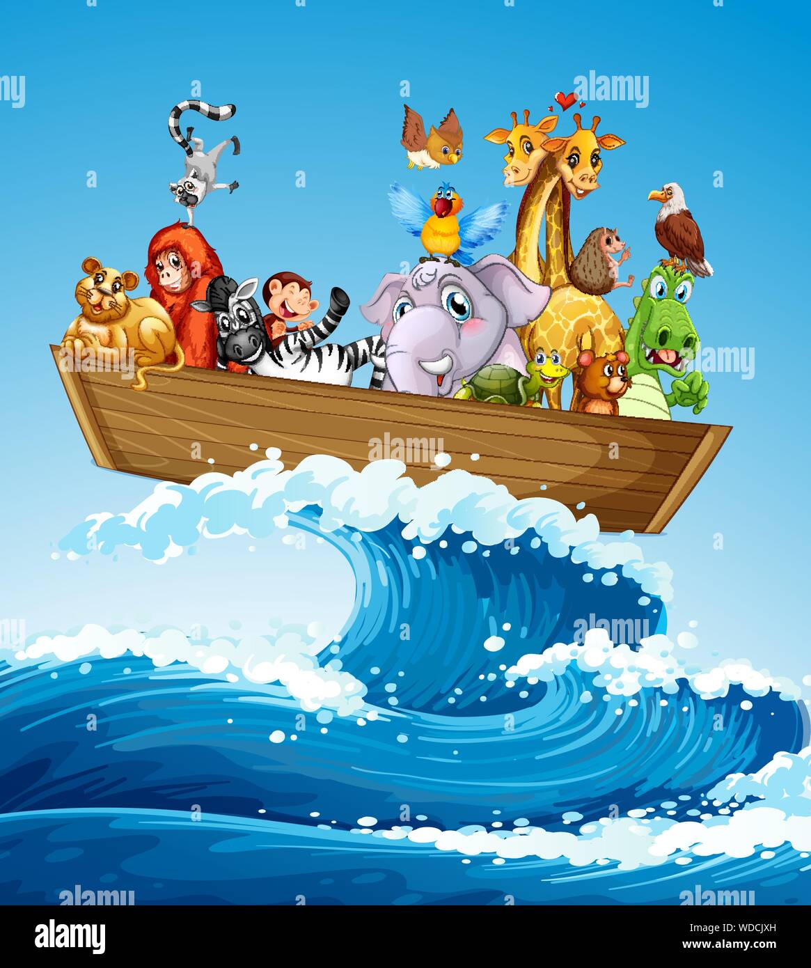 Many animals on the boat at sea illustration Stock Vector