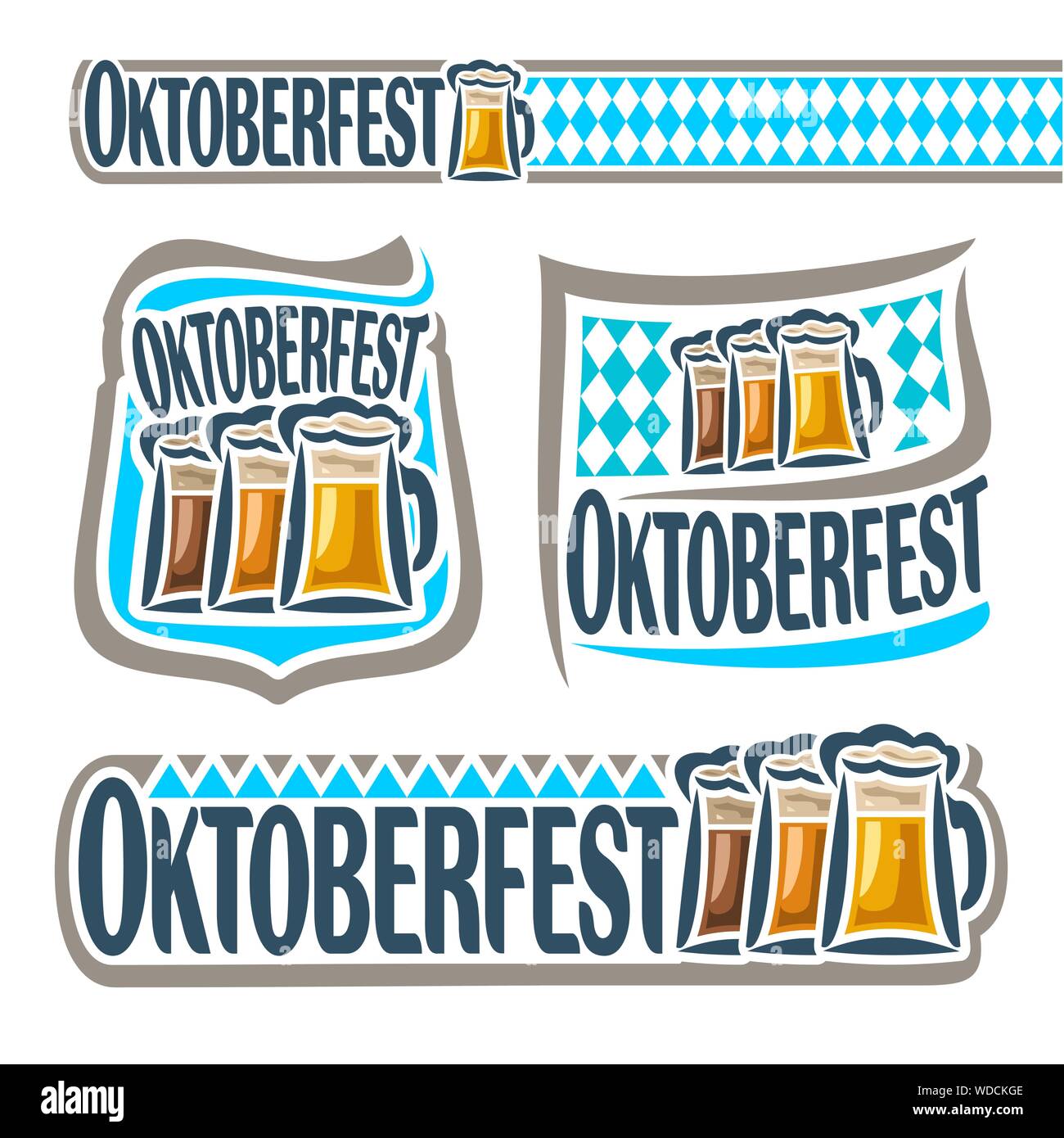 Vector set for oktoberfest with beer mugs. Emblem for Bavarian fest in Munich with alcohol drink. Banner for Oktoberfest with beer cup on blue rhombus Stock Vector