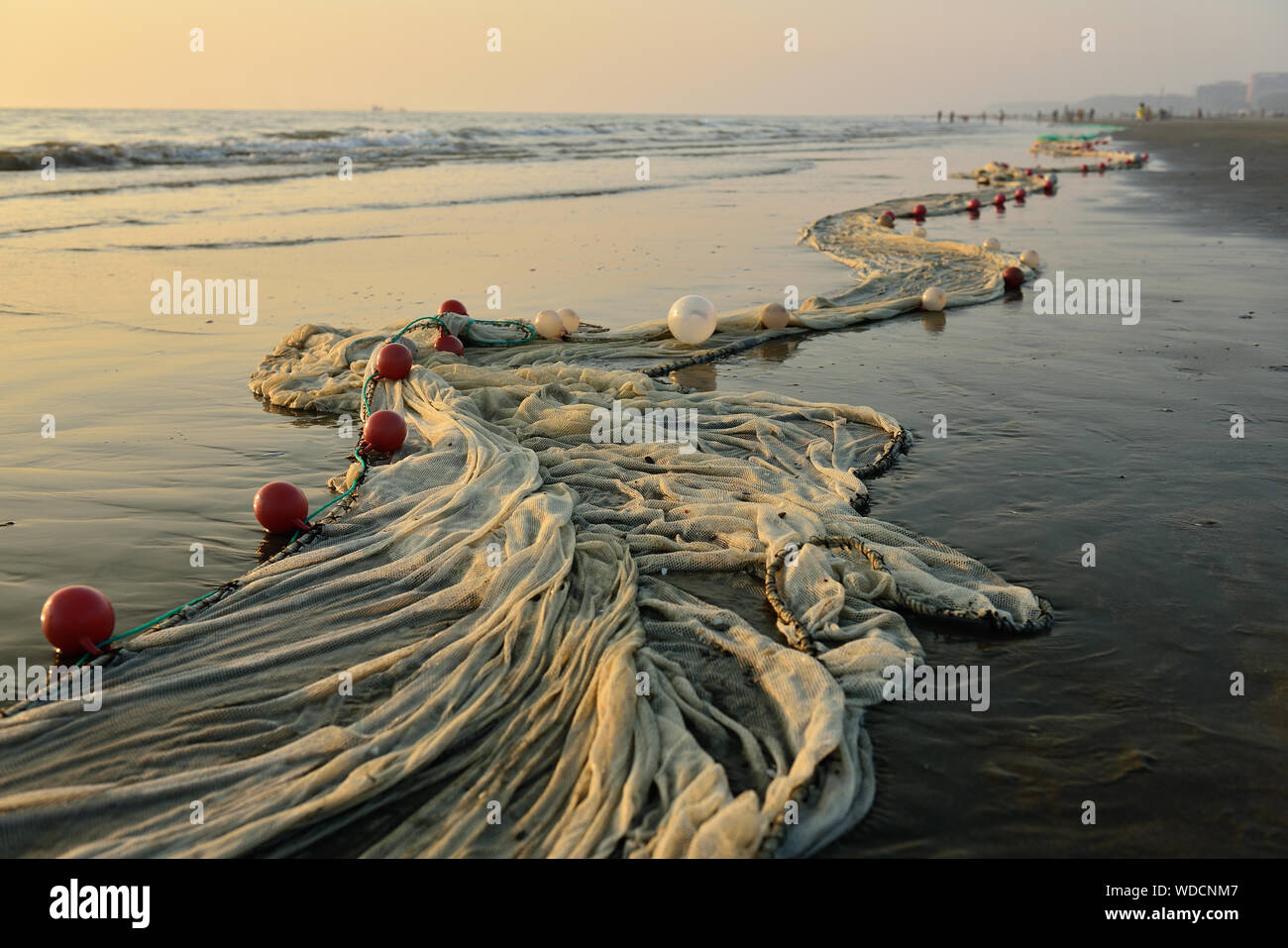 The very long fishing net lying on the longest beach, Cox's Bazar in Bangladesh. Stock Photo