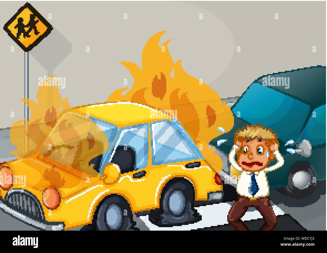 Accident scene with two cars on fire illustration Stock Vector