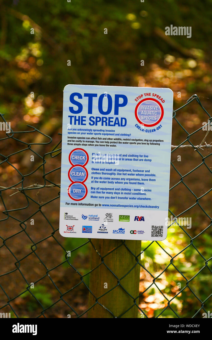 A sign about stopping the spread of invasive aquatic species, check, clean, dry to help stop the spread, Staffordshire, England, UK Stock Photo