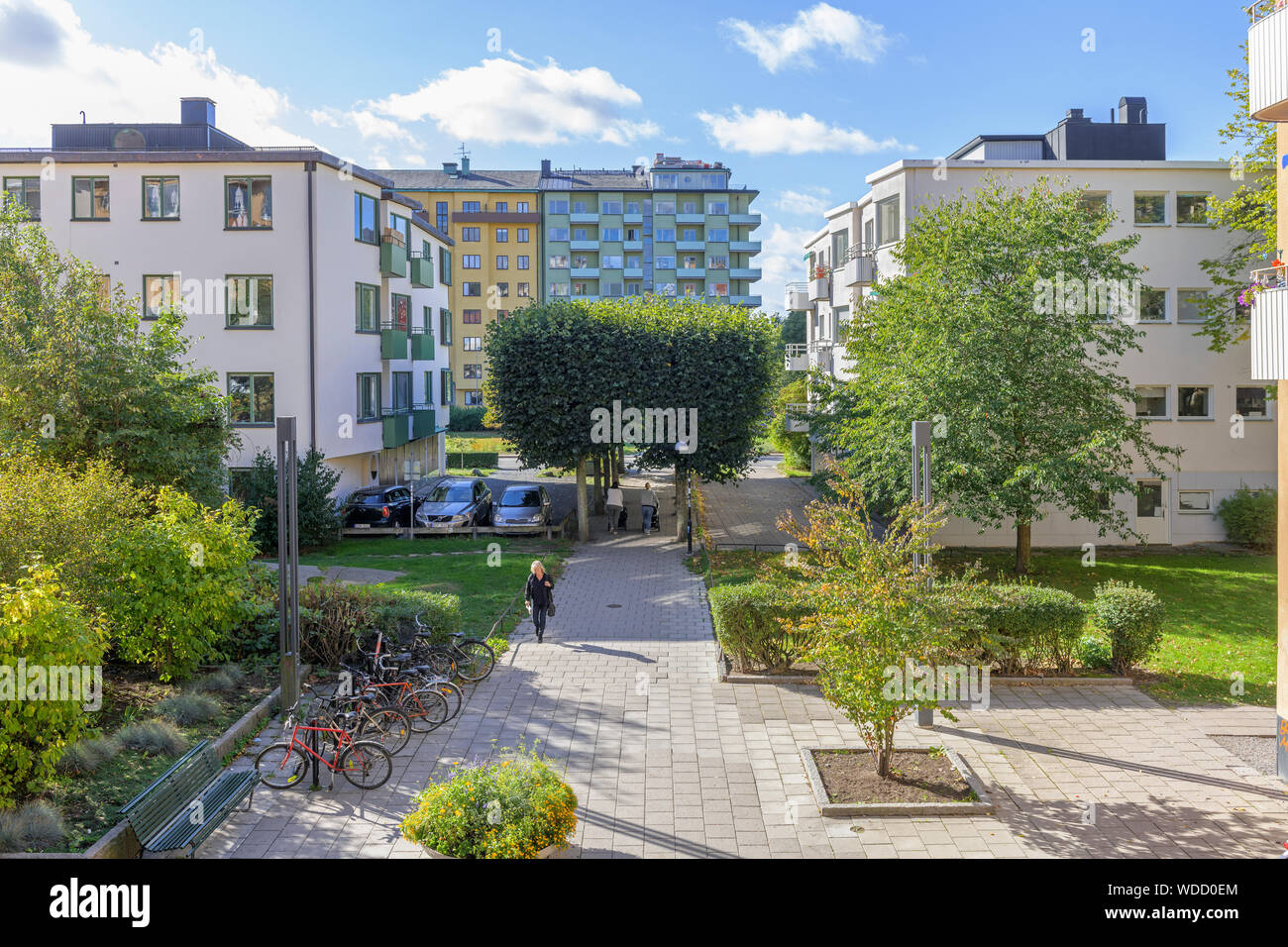 Park by apartment buildings in Stockholm, Sweden Stock Photo Alamy