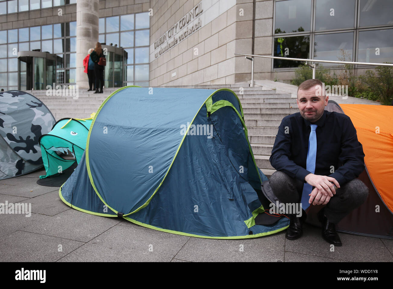 Councillor Anthony Flynn, CEO of Inner City Helping Homeless, during their protest outside Dublin City Council Offices on Wood Quay to highlight a marked increase in the number of people living in tents over the last month and the plight of homelessness. Stock Photo