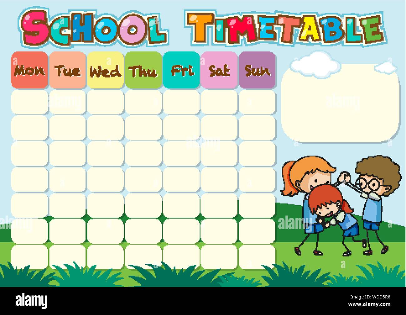 School timetable template with kids playing illustration Stock Vector