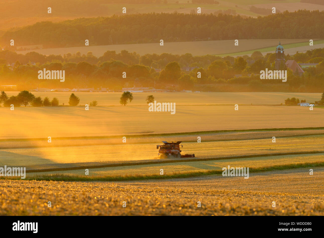 Landscape with harvesting machinery in field, Germany Stock Photo