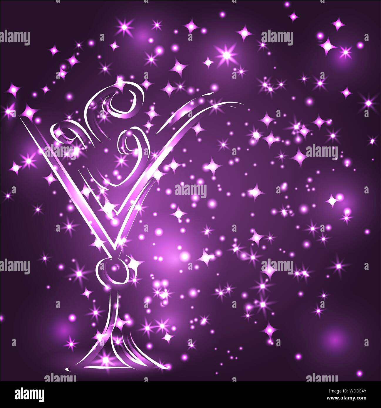 a glass with a cocktail on a lilac background with neon lights and effects Stock Vector