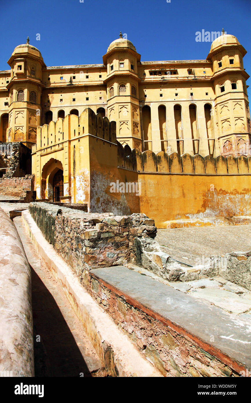 Low Angle View Of Nahargarh Fort Against Clear Blue Sky Stock Photo