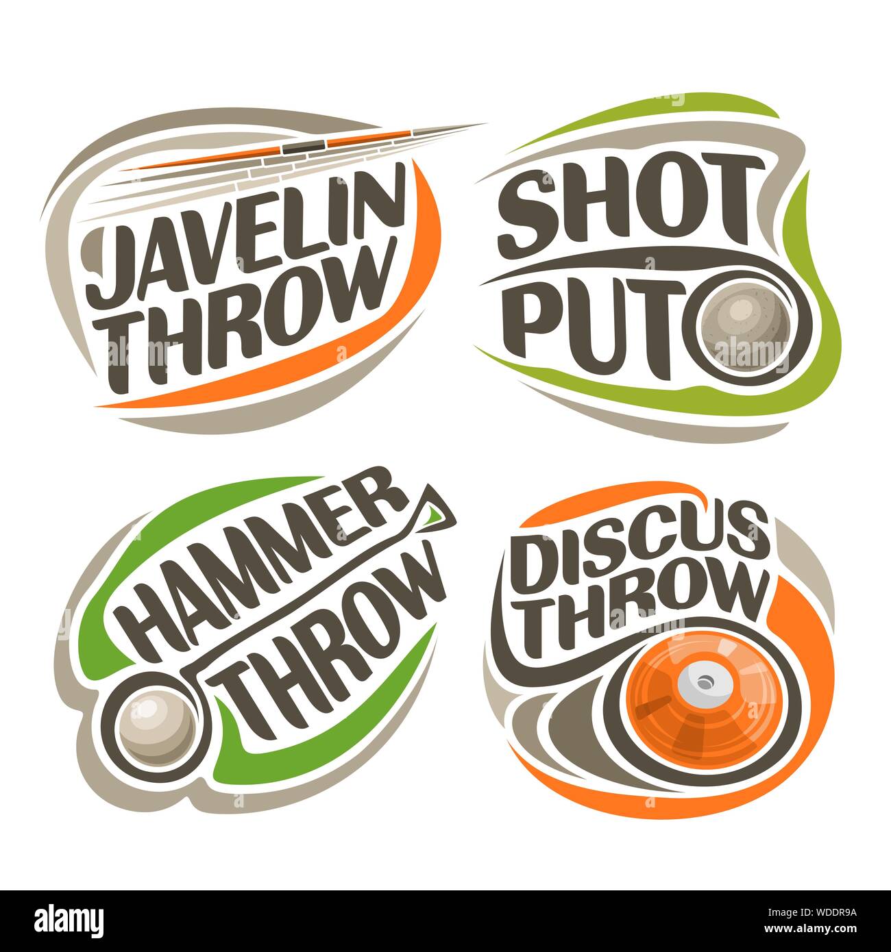 Vector logo for Athletics Equipment, consisting of abstract metal discus throw, shot put, throwing hammer, javelin. Track and field athletics equipmen Stock Vector