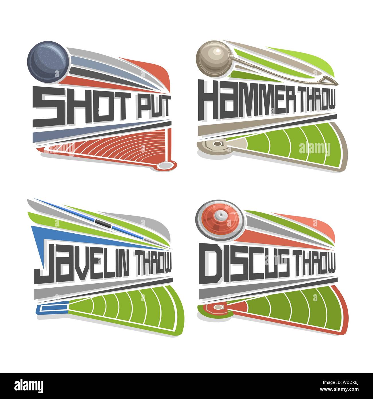 Vector logo for Athletics Fields, consisting of abstract discus throw, shot put, throwing hammer and javelin. Track and field athletics stadium, equip Stock Vector