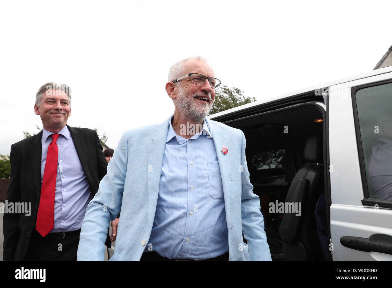 Scottish Labour leader Richard Leonard (left) and Labour leader Jeremy Corbyn during a visit to St Ninian's Chruch community centre in Dunfermline, on the first day of a three day tour of Scottish constituencies. Stock Photo