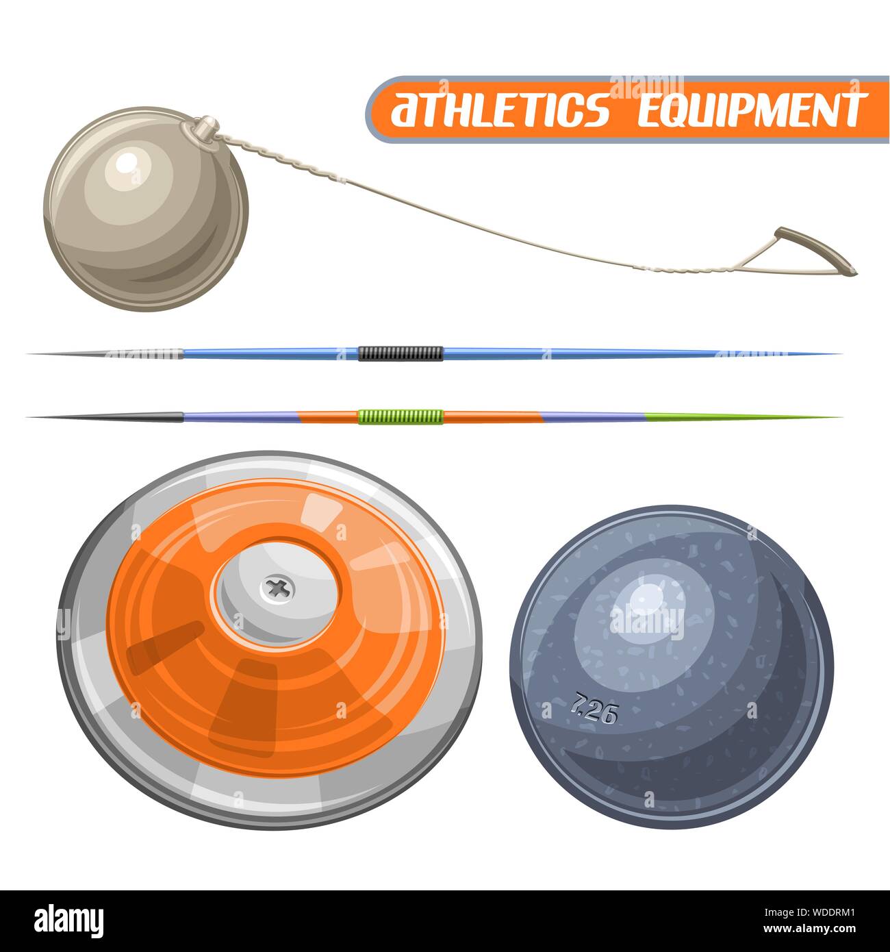 Vector icons for athletics equipment, consisting of abstract metal discus throw, shot put, throwing hammer, javelin. Track and field equipment for atl Stock Vector