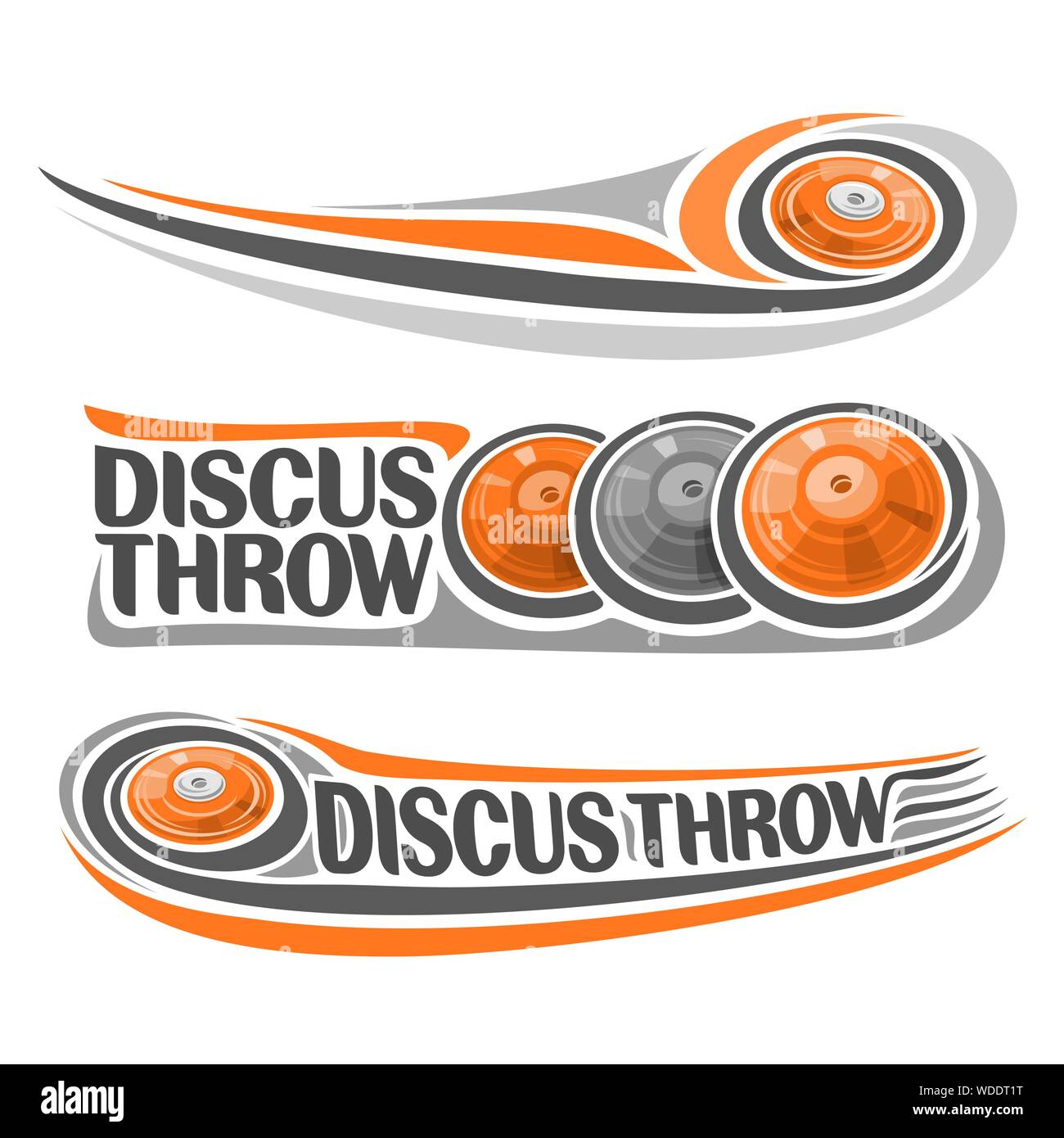 Vector logo for Athletics discus throw, consisting of disc flying on trajectory, 3 sports gray and orange throwing discs. Track and field athletics eq Stock Vector