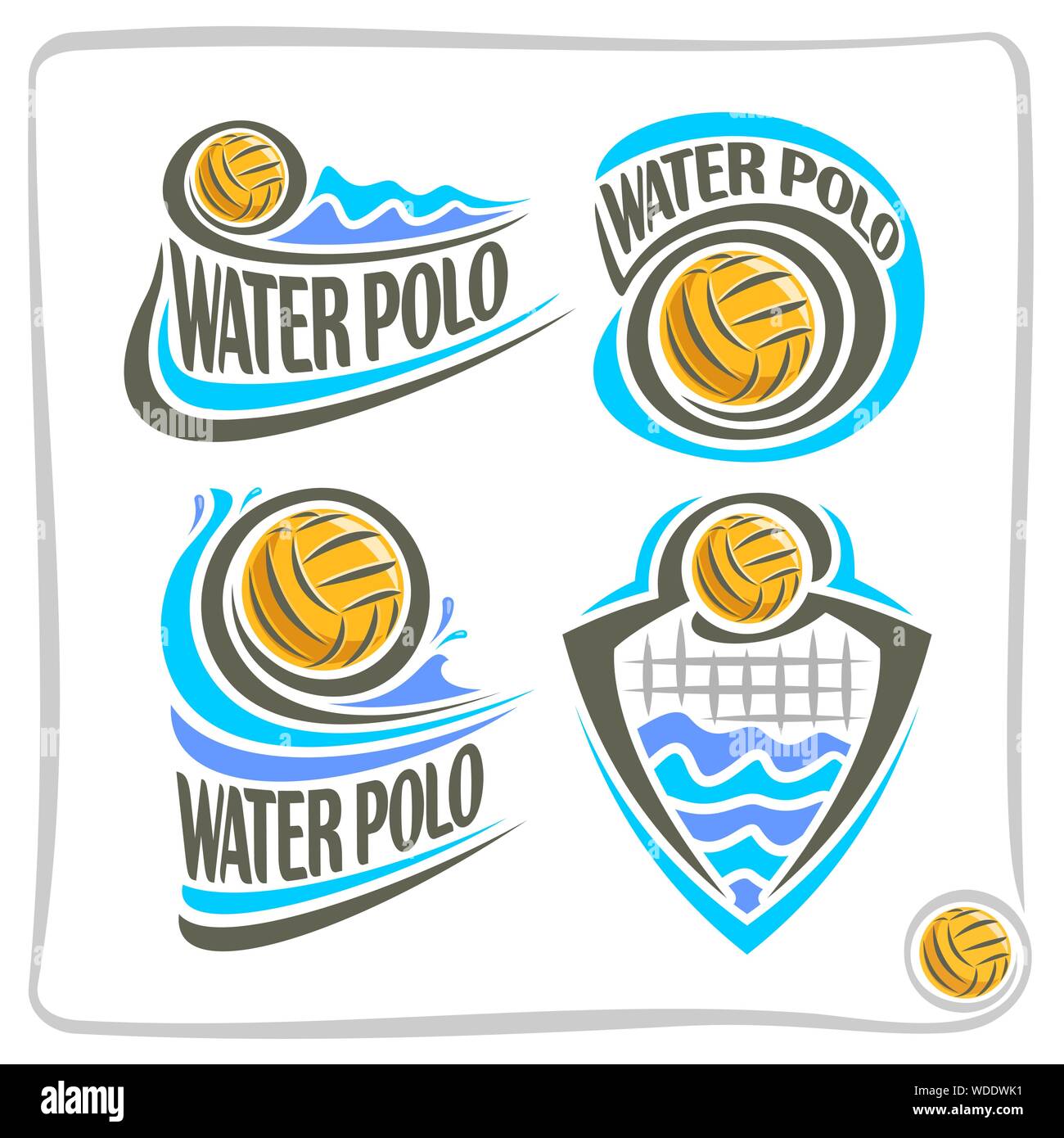 Vector abstract icons for Water Polo, signs for sports club, yellow water  polo ball floating on background of summer waves, waterpolo equipment Stock  Vector Image & Art - Alamy