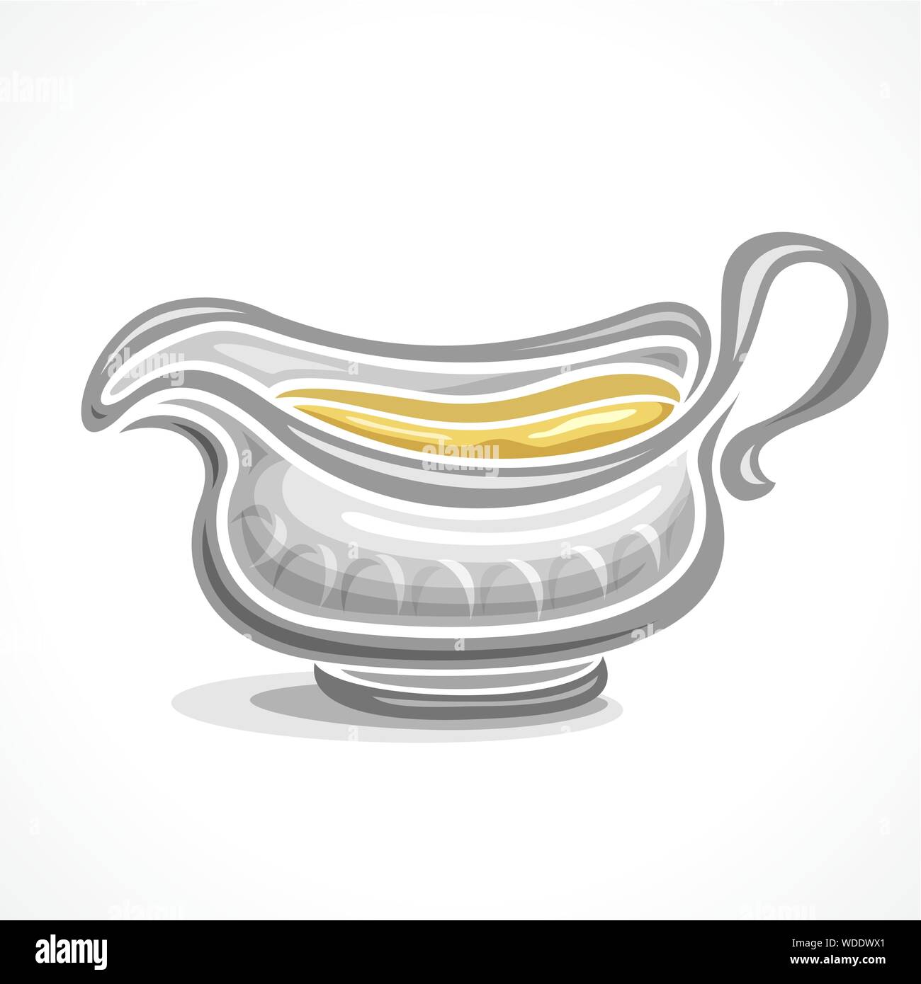Vector ceramic gravy boat with handle, filled homemade yellow sauce isolated on white background. Stock Vector