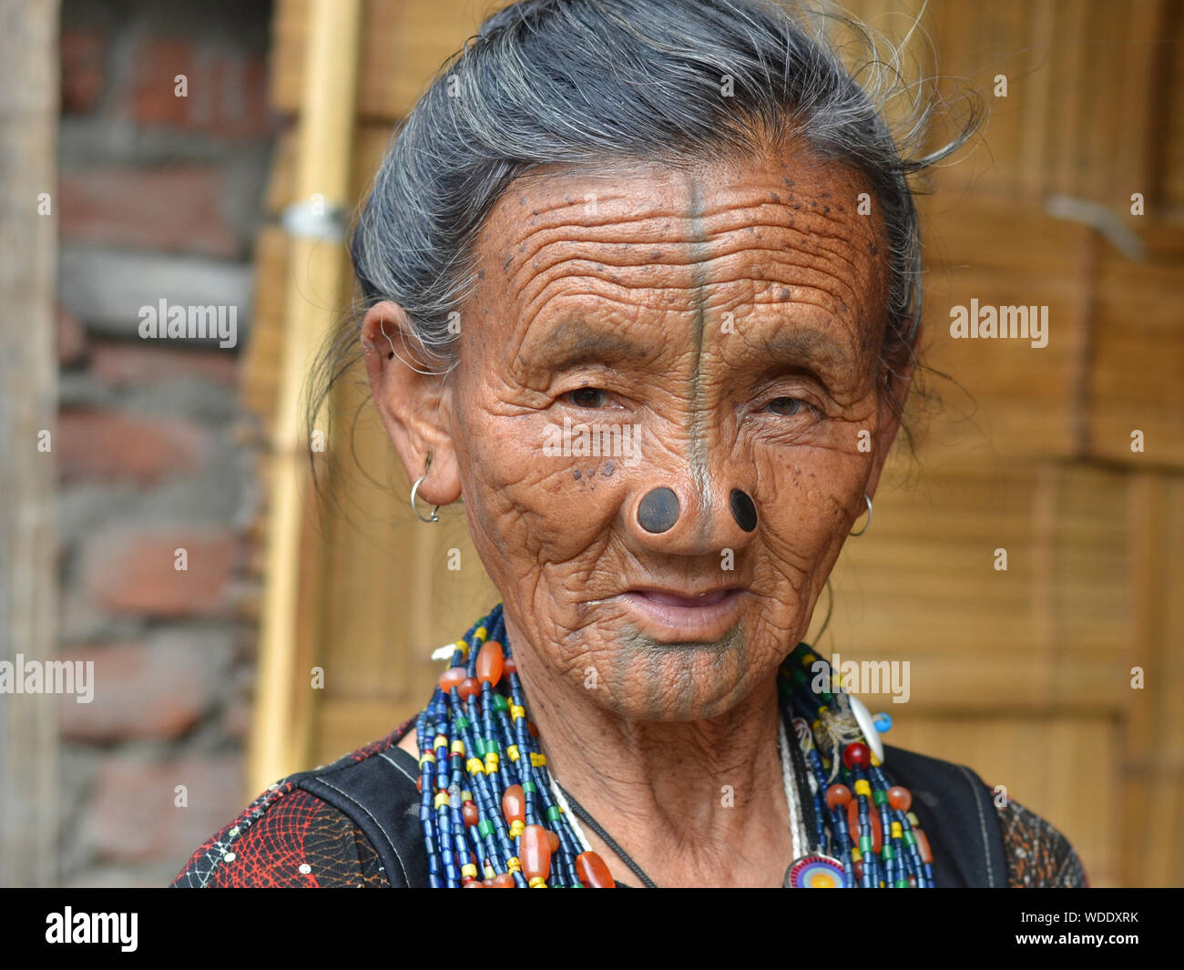 Old Indian Apatani woman with black wooden nose plugs (yawping hullo) and distinctive tribal face tattoo on forehead and chin poses for the camera. Stock Photo