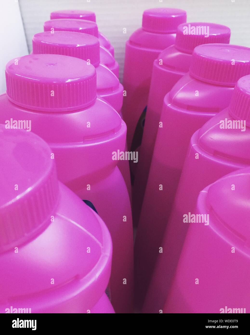 Close-up Of Bleach Bottles Indoors Stock Photo