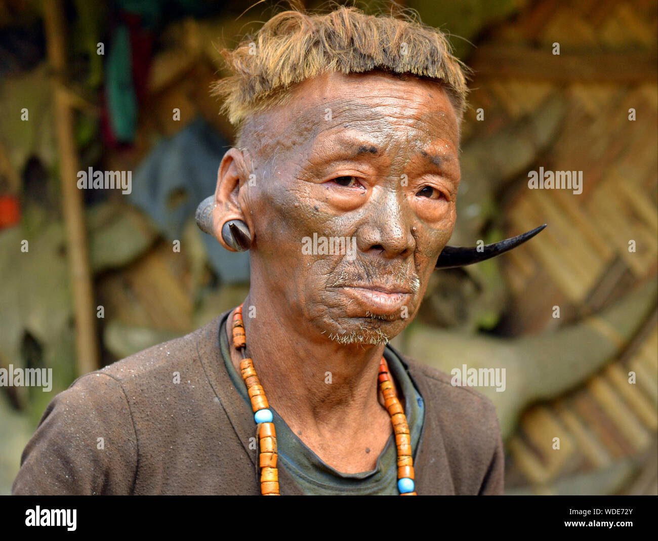 Old, retired Konyak Naga warrior and ex-headhunter with distinctive tribal facial tattoo and deer horns in his earlobes poses for the camera. Stock Photo