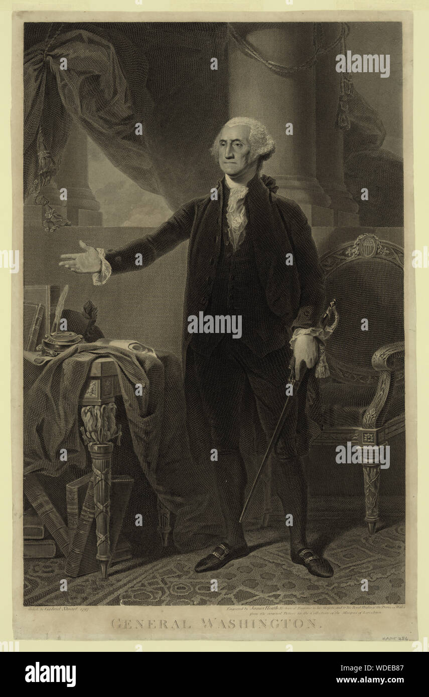 General Washington Abstract: Print shows George Washington, full-length portrait, facing slightly left, standing in front of a chair, with right arm extended toward a table on the left, and holding a sword in left hand. After a portrait painting by Gilbert Stuart. Stock Photo