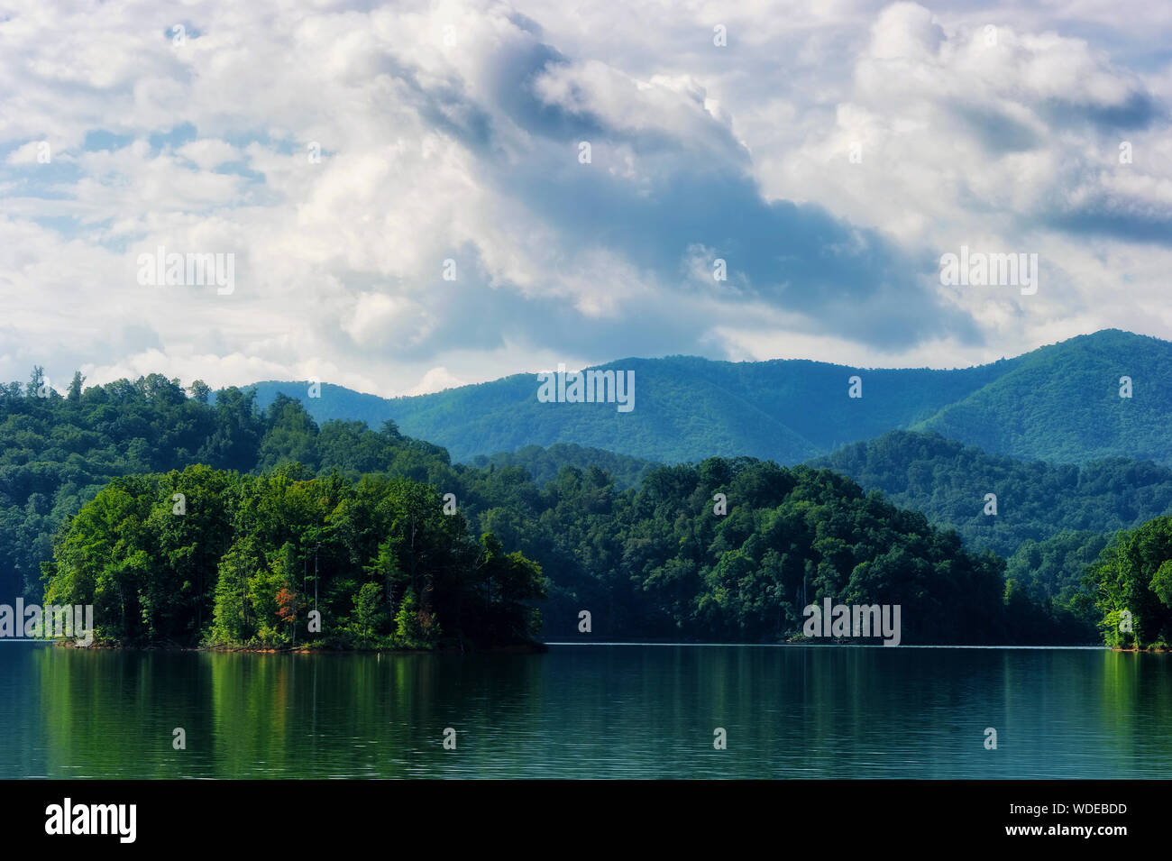 Surreal landscape view of Watauga Lake in eastern Tennessee under cloudy skies. Stock Photo