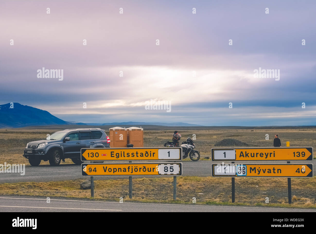 A layby with portable toilets on the Route 1 road in Iceland, between Akureyri and Egilsstadir Stock Photo