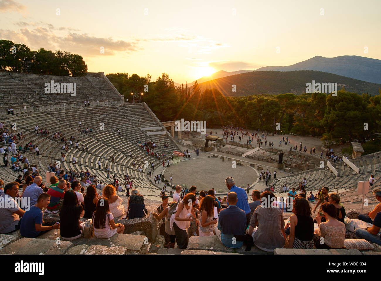 Evening performance of an ancient Greek play in the 4th century BC theatre at Epidavros in Greece Stock Photo