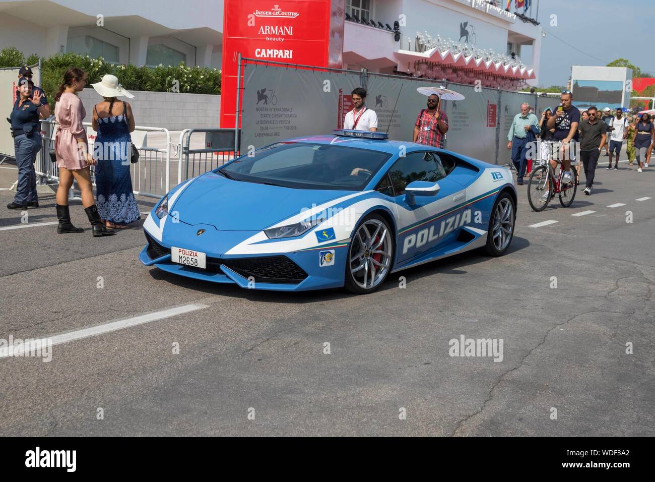 Venice, Italy. 29th Aug 2019. Italian police Lamborghini seen during the 76th Venice Film Festival at Palazzo del Cinema on the Lido in Venice, Italy, on 29 August 2019. | usage worldwide Credit: dpa picture alliance/Alamy Live News Stock Photo