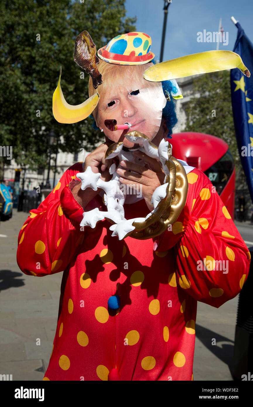 Whitehall, August 29th 2019. Remain protest the day after Boris Johnson announces the prorogation of Parliament. Remain clown . Stock Photo