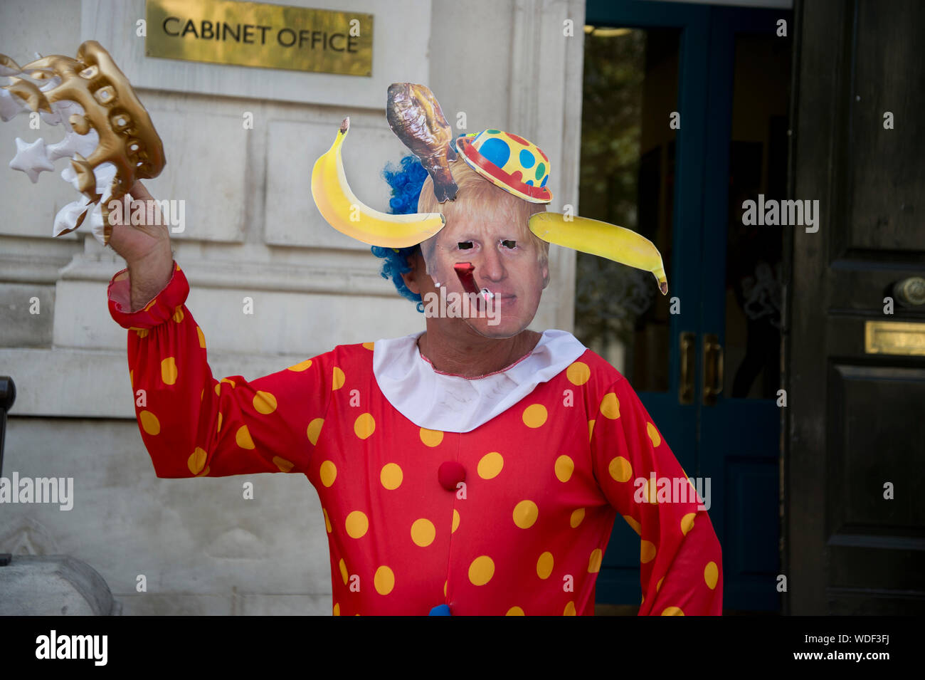 Whitehall, August 29th 2019. Remain protest the day after Boris Johnson announces the prorogation of Parliament. Remain clown . Stock Photo