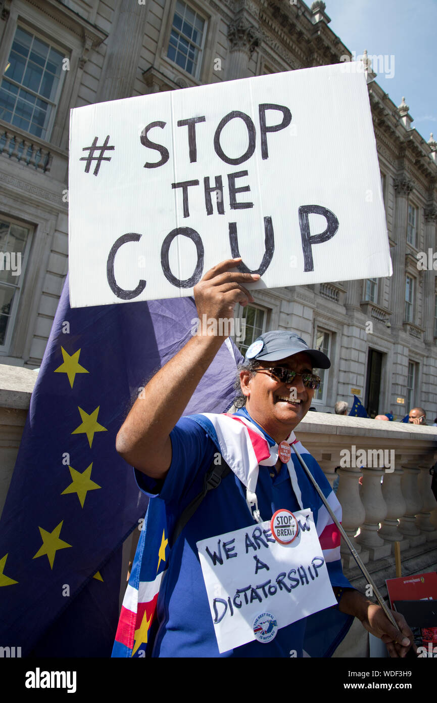 Whitehall, August 29th 2019. Remain protest the day after Boris Johnson announces the prorogation of Parliament. A protester holds a sign saying 'Stop Stock Photo