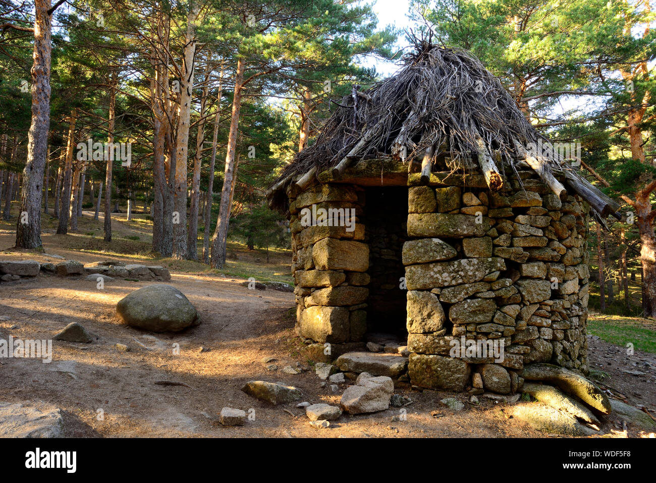 Traditional hut in the wood of Canencia mountain pass, Canencia, Madrid, Spain Stock Photo