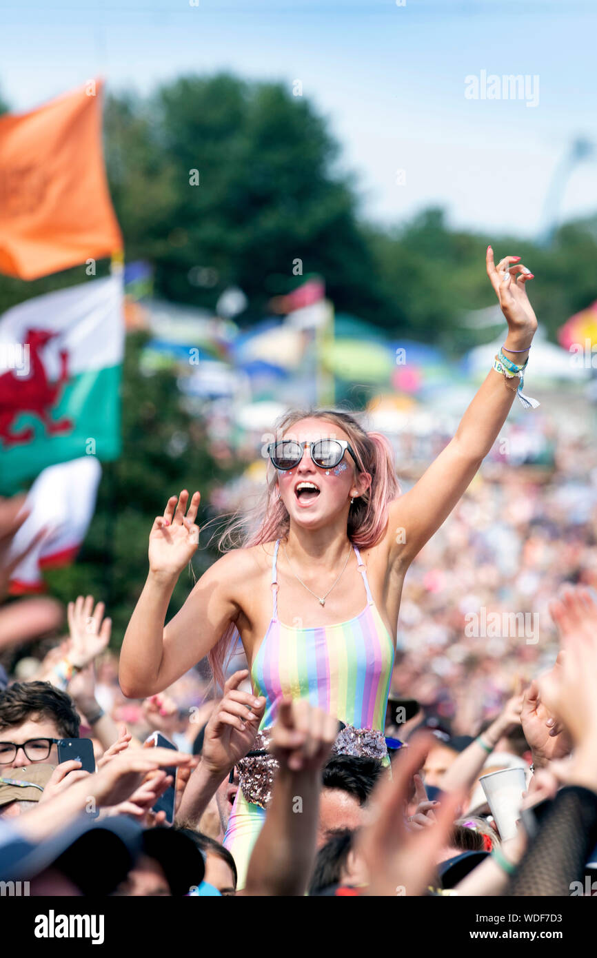 A Bastille fan at the Pyramid Stage at the Glastonbury Festival 2019 in Pilton, Somerset Stock Photo