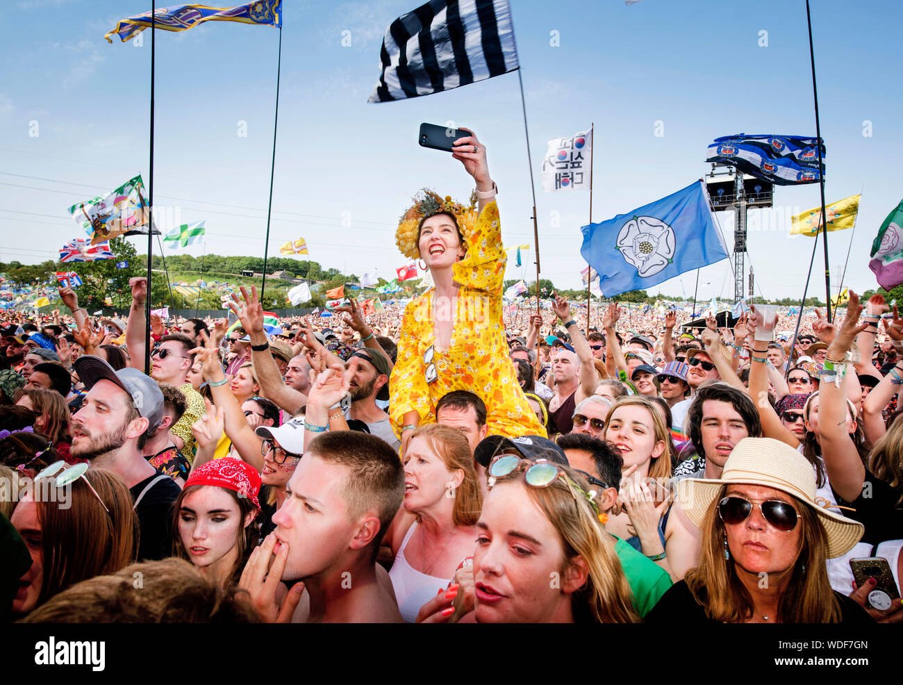 A Bastille fan at the Pyramid Stage at the Glastonbury Festival 2019 in Pilton, Somerset Stock Photo