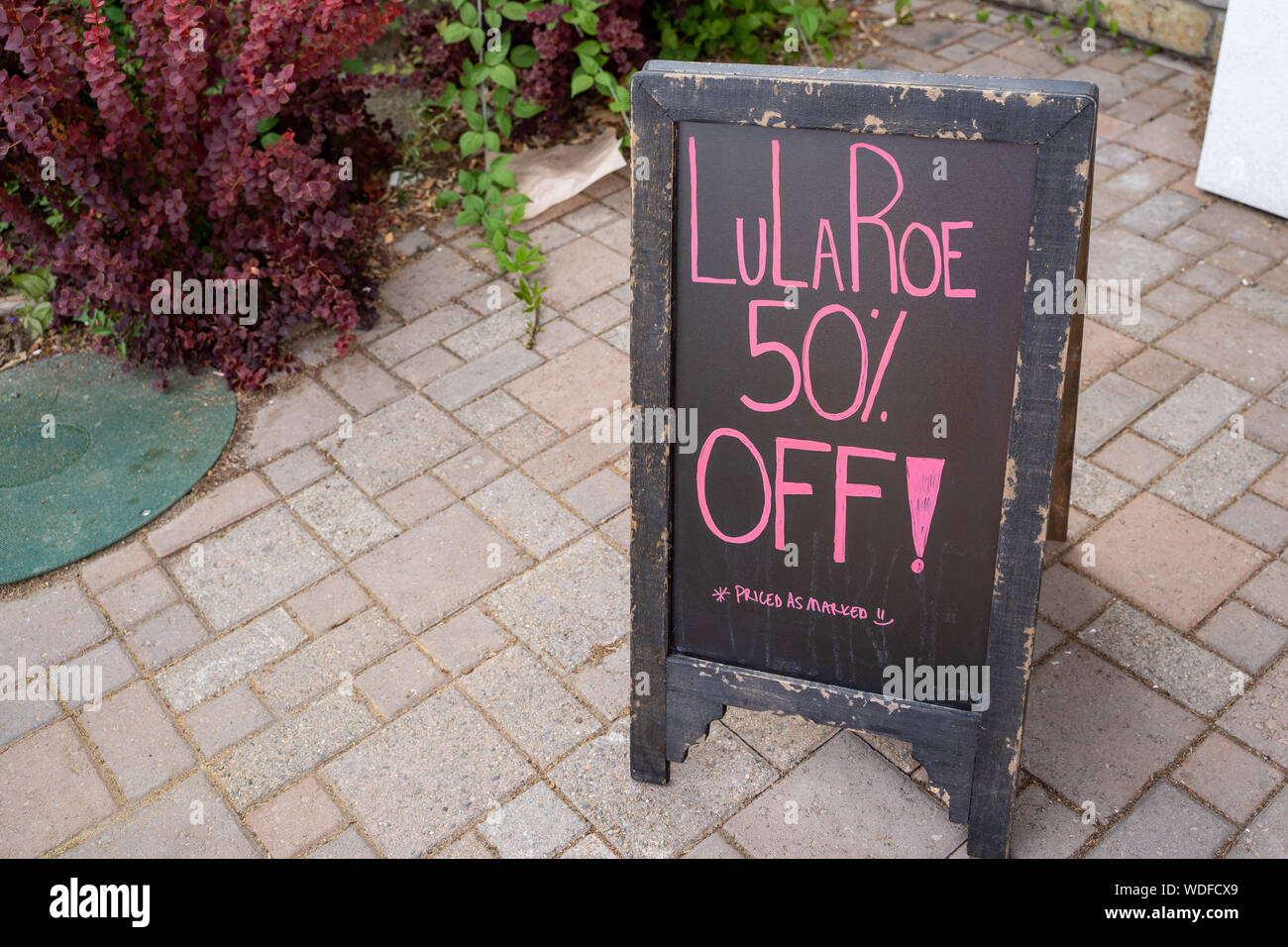 Leavenworth, Washington - July 4, 2019: Sign for Lularoe on sale for 50 percent off. Lularoe is a clothing MLM (Multilevel marketing) business Stock Photo
