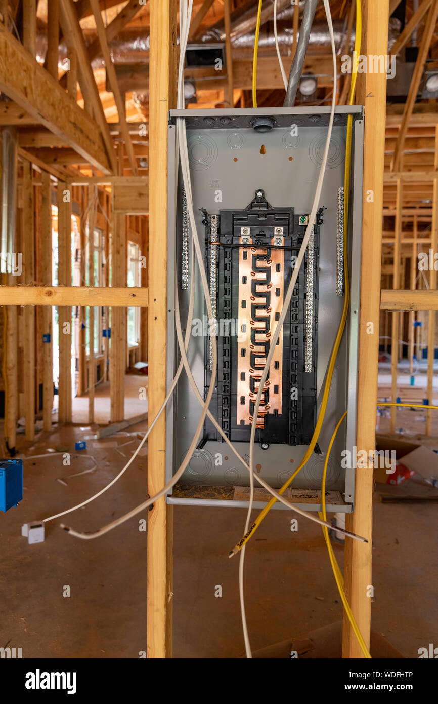 Electrical Circuit Breaker panel in new home construction Stock Photo