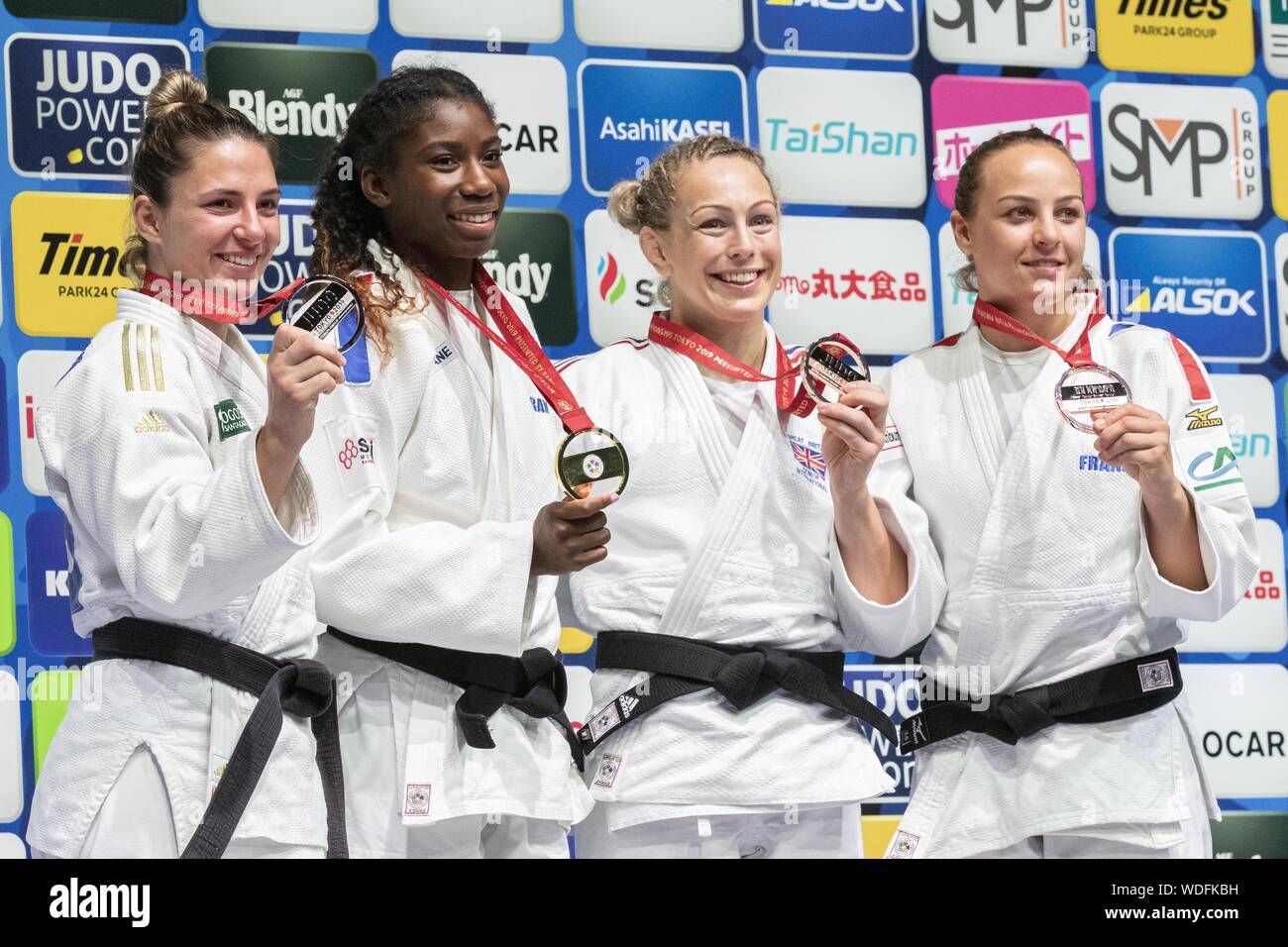 Tokyo, Japan. 29th Aug, 2019. (L to R) Silver medalist Barbara Timo of Portugal, gold medalist Marie Eve Gahie of the France, bronze medalists Sally Conway of Great Britain and Margaux Pinot of France, pose for the cameras during the award ceremony of the women's -70kg category of the World Judo Championships Tokyo 2019 at Nippon Budokan. The World Judo Championships Tokyo 2019 is held from August 25 to September 1st. Credit: Rodrigo Reyes Marin/ZUMA Wire/Alamy Live News Stock Photo