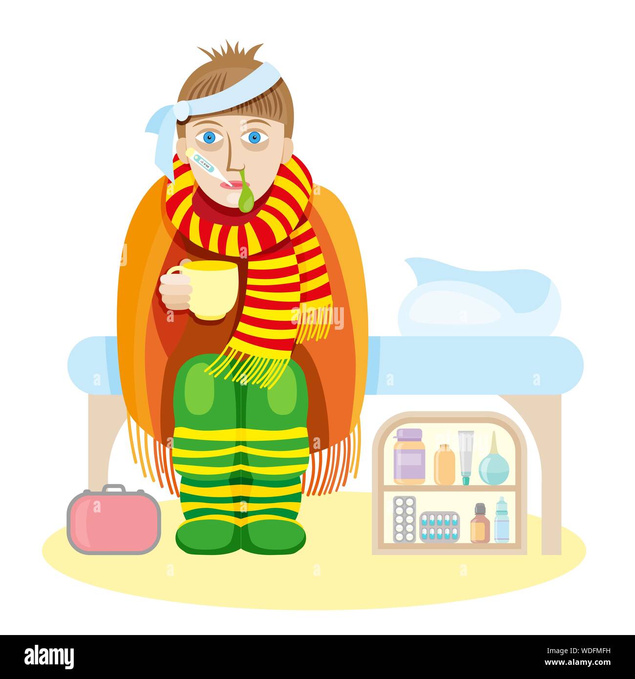 ill young man with fever drinking cup of warm tea. Vector illustration Stock Vector