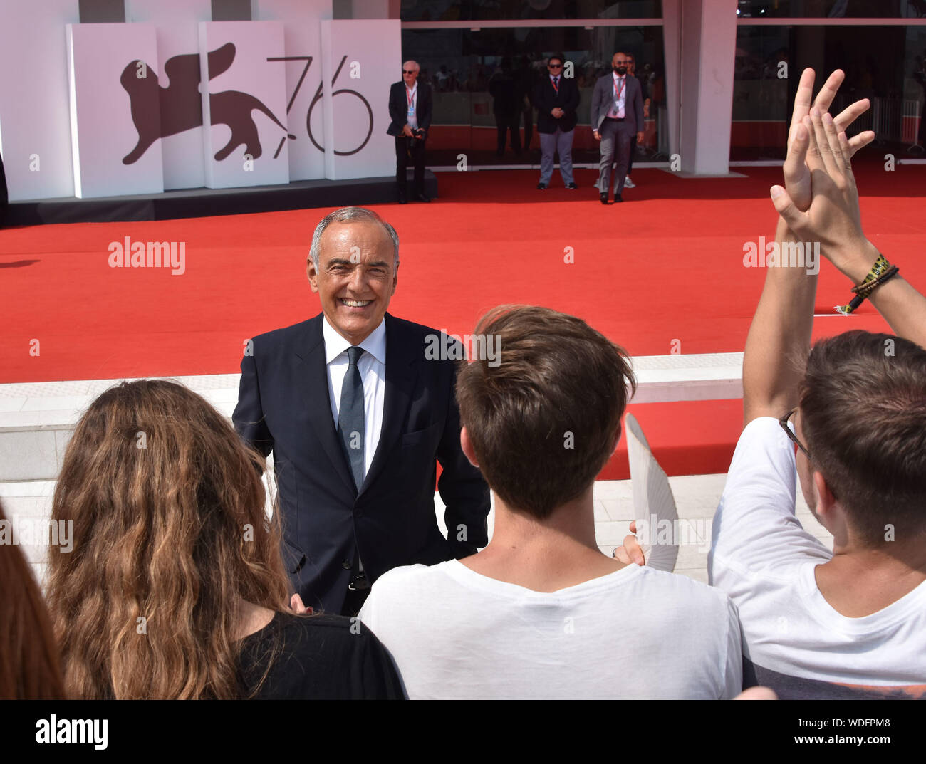 VENICE, Italy. 29th Aug, 2019. Pedro Almodovar shows the Golden Lion at Palazzo del Cinema after receiving it for lifetime achievements during the 76th Venice Film Festival on August 29, 2019 in Venice, Italy. Credit: Andrea Merola/Awakening/Alamy Live News Stock Photo
