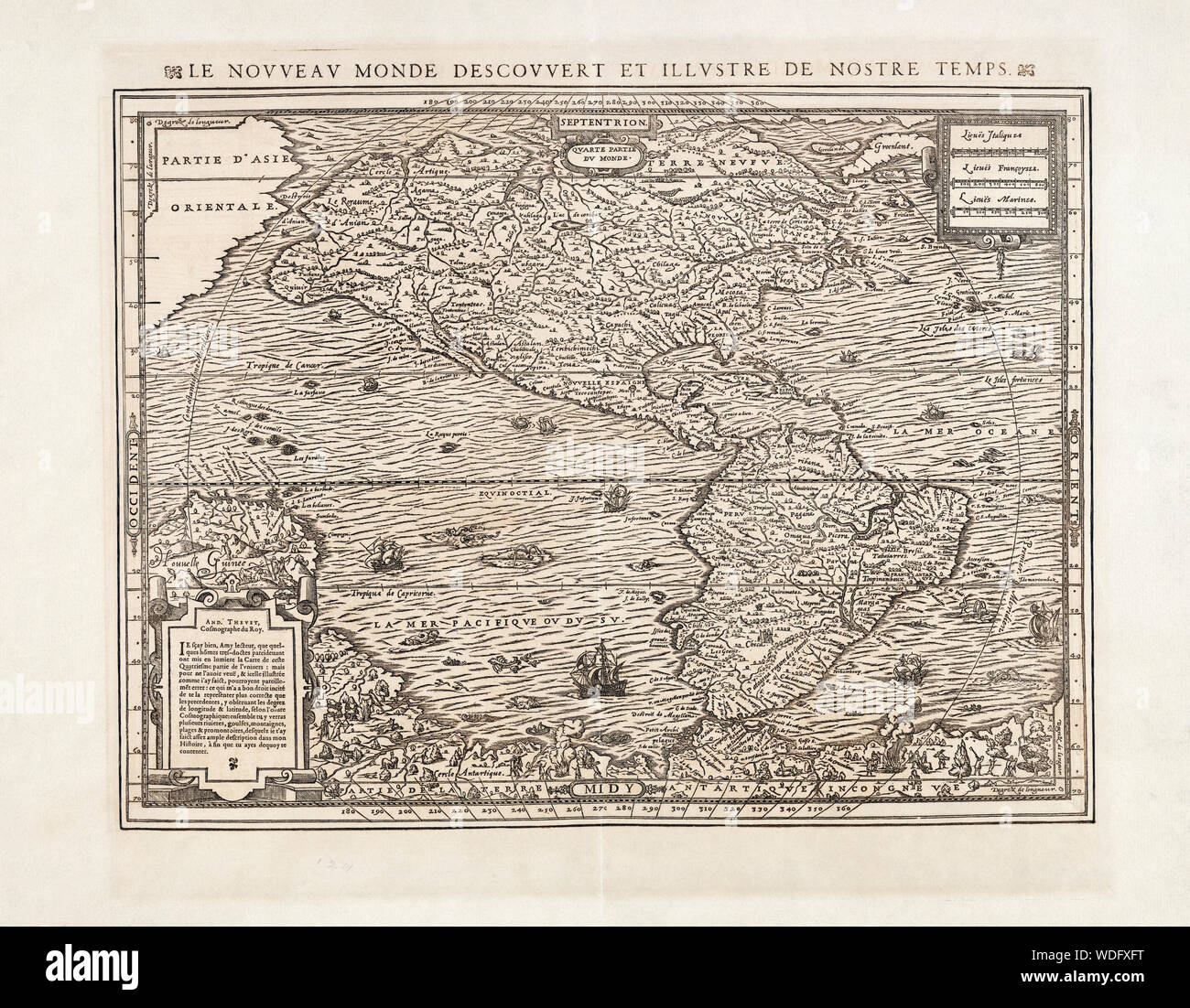 Map of North and South America by Andre Thevet, 1516 - 1590.  Thevet was a French Franciscan priest, author and traveller. Stock Photo