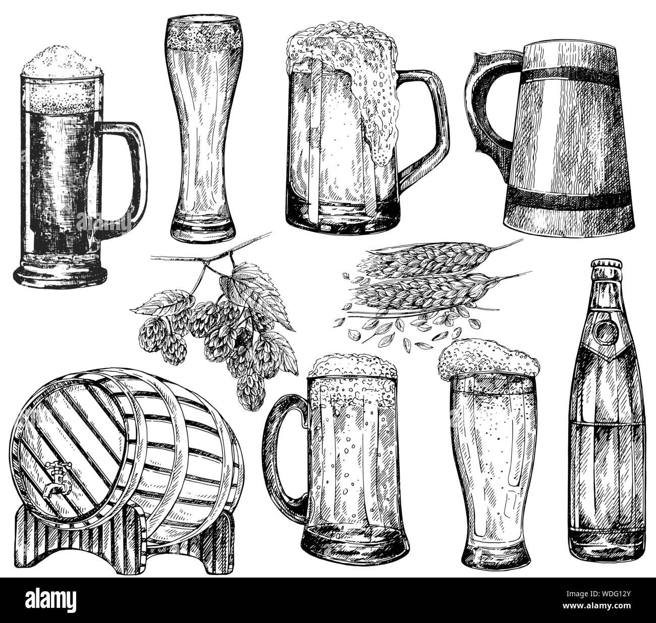 Set of hand drawn sketch style beer mugs, bottle, barrel with malt and hops isolated on white background. Vector illustration. Stock Vector