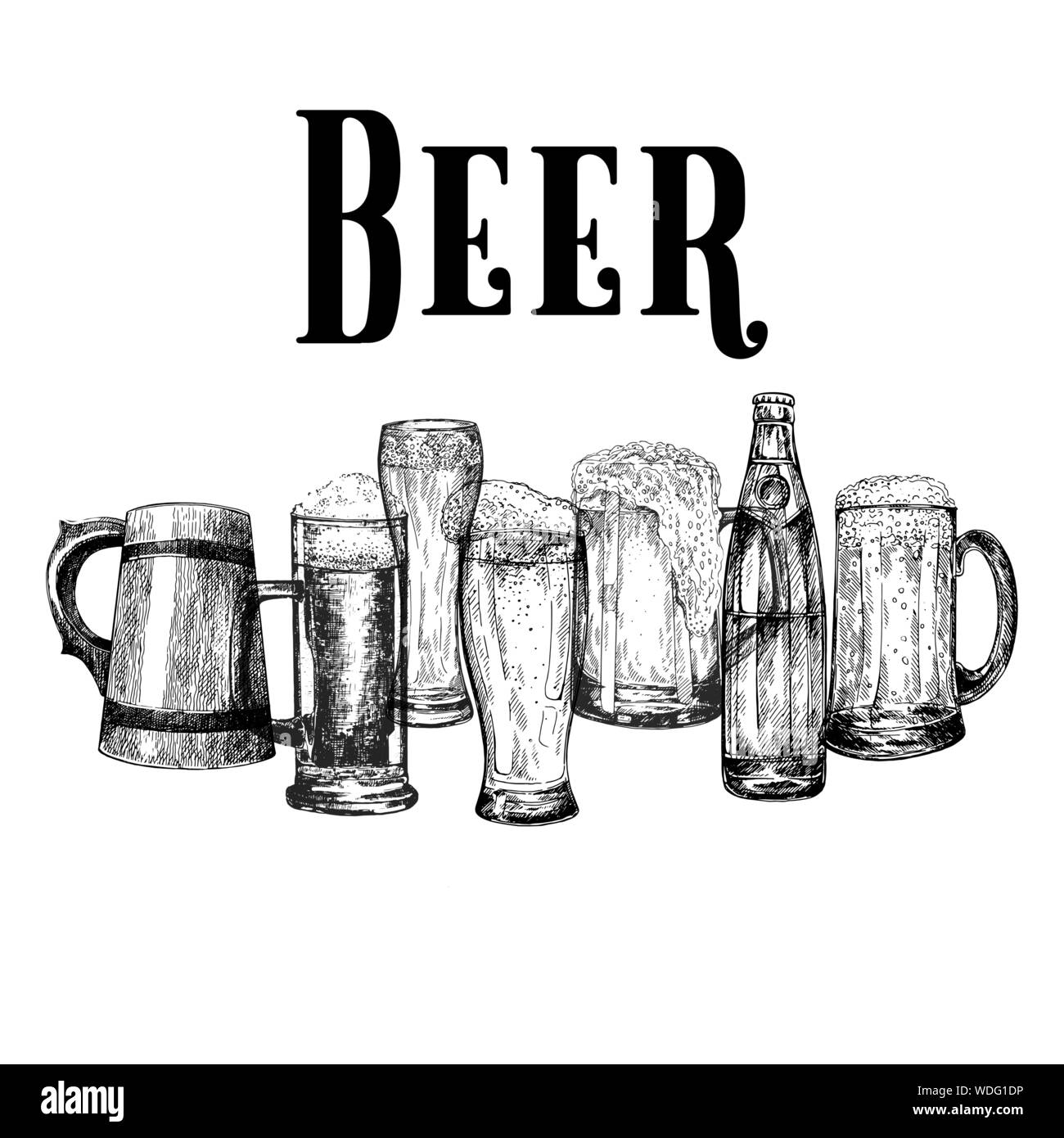 Set of hand drawn sketch style beer mugs with bottle isolated on white