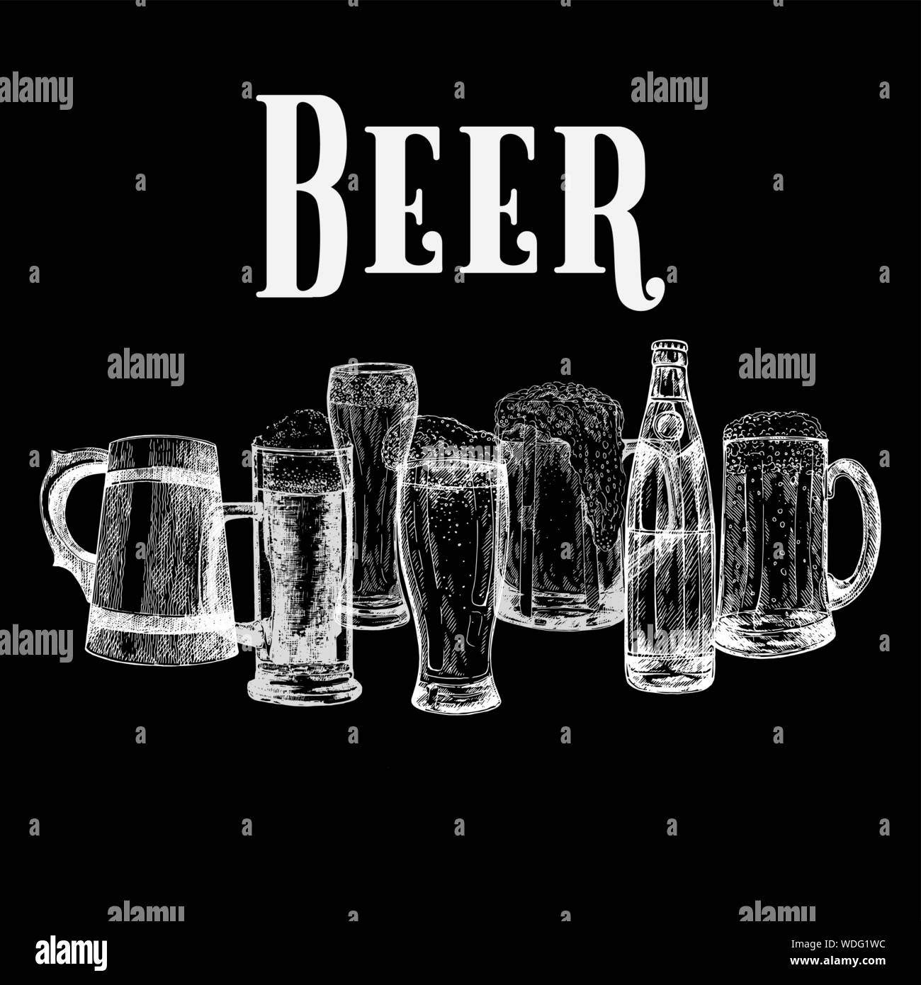 Set of hand drawn sketch style beer mugs with bottle isolated on black