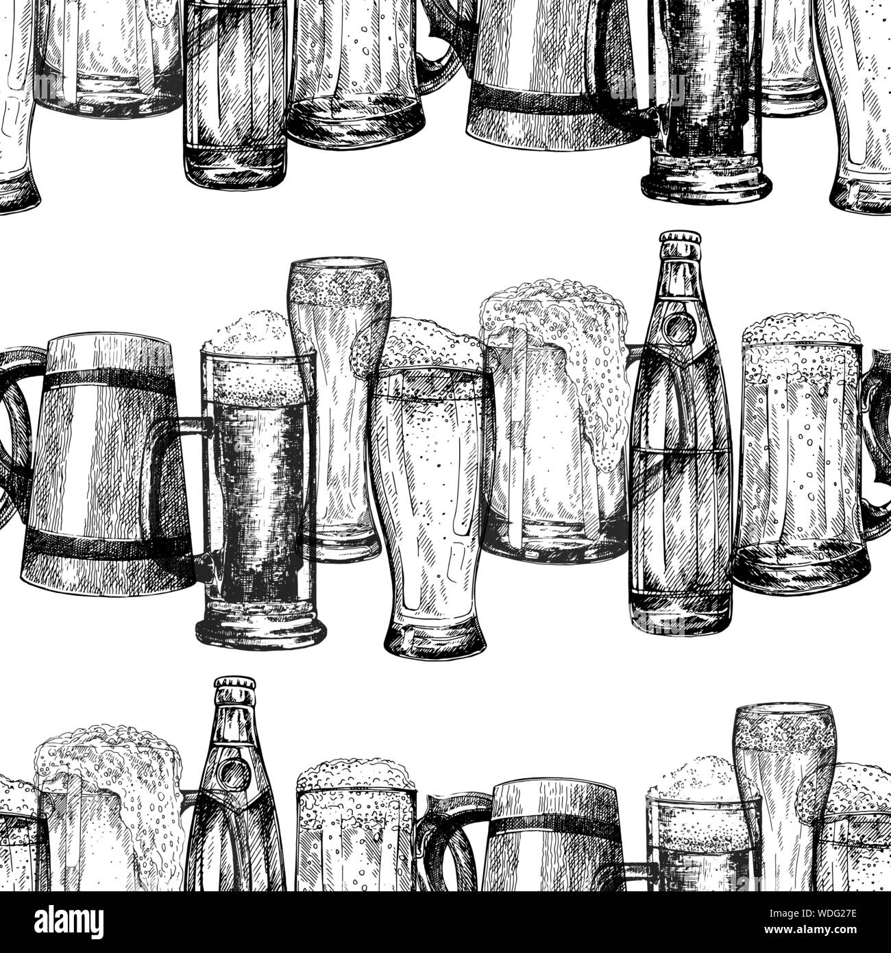 Seamless pattern of hand drawn sketch style beer mugs with bottles