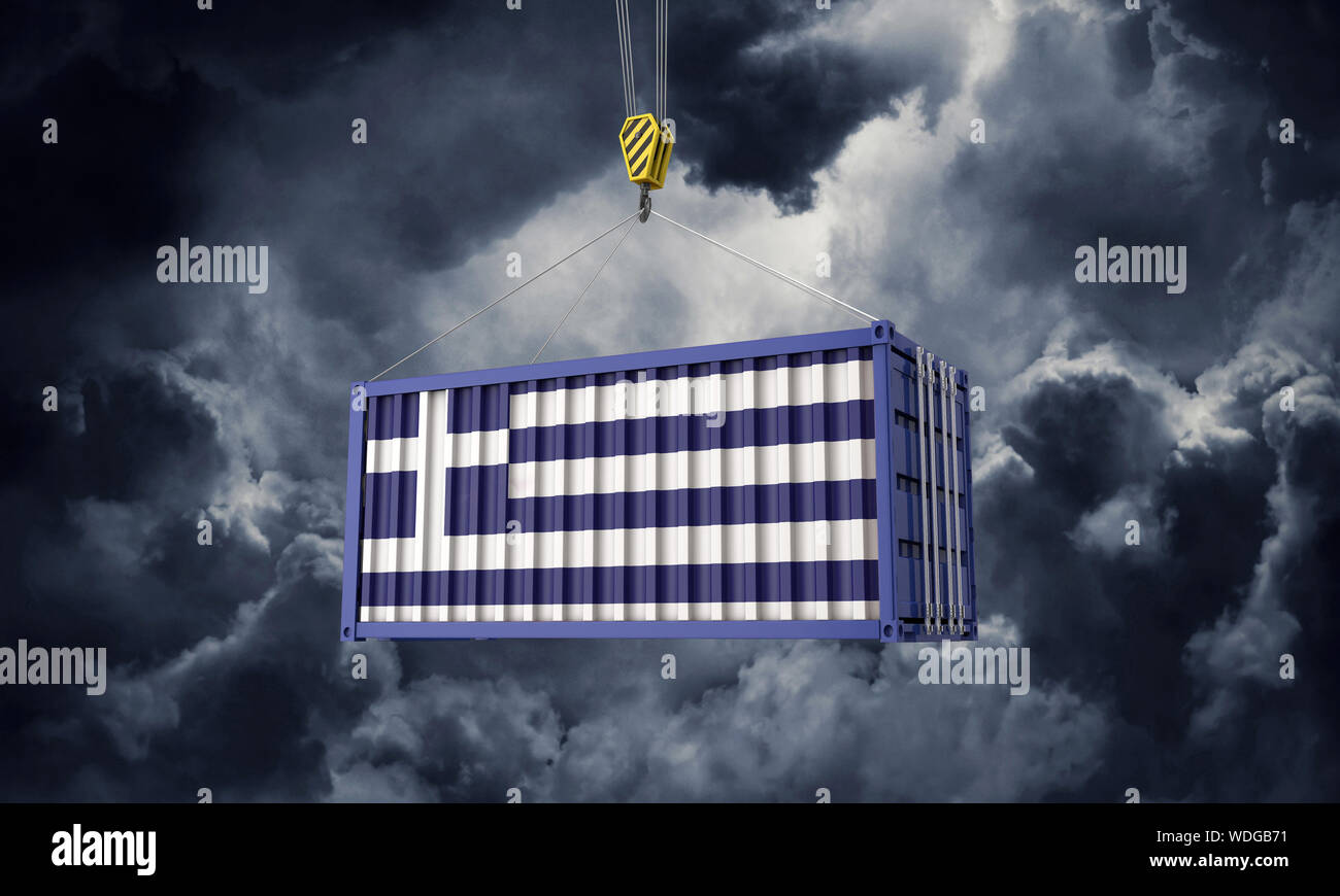 Greece trade cargo container hanging against dark clouds. 3D Render Stock Photo